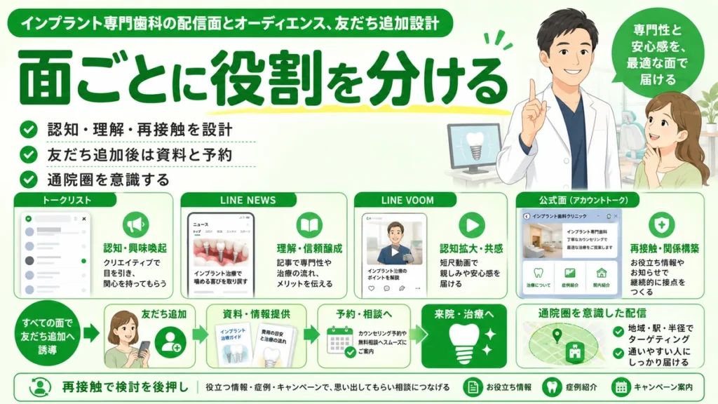 インプラント専門歯科のLINE広告で配信面ごとの役割と友だち追加後の導線設計を整理したイラスト