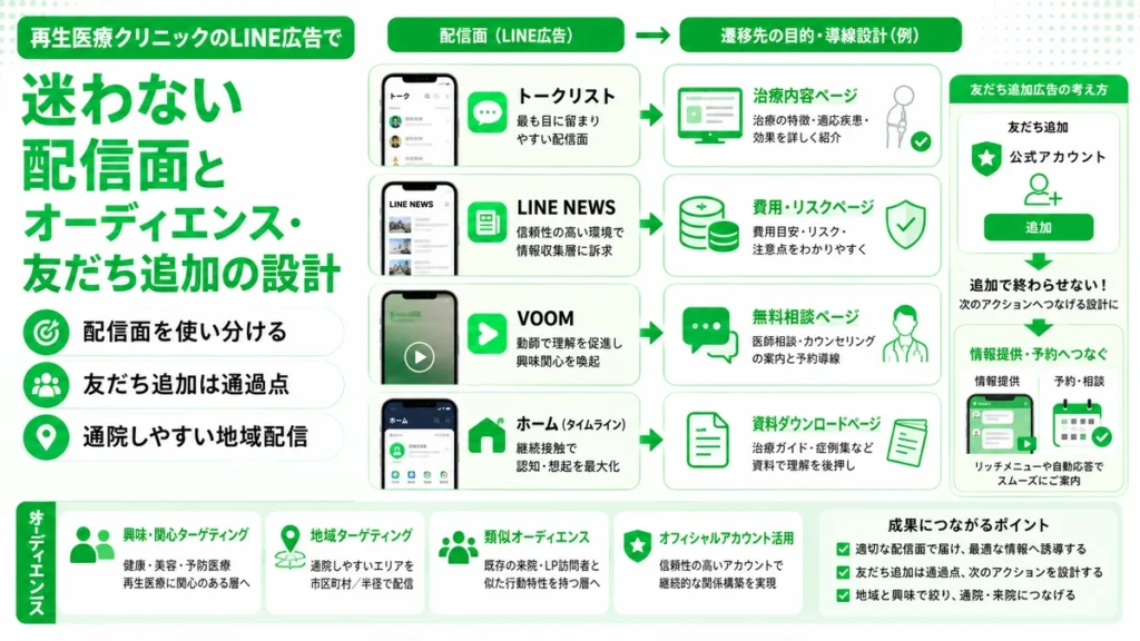 LINE広告の配信面とオーディエンス、友だち追加後の導線設計を示すイラスト