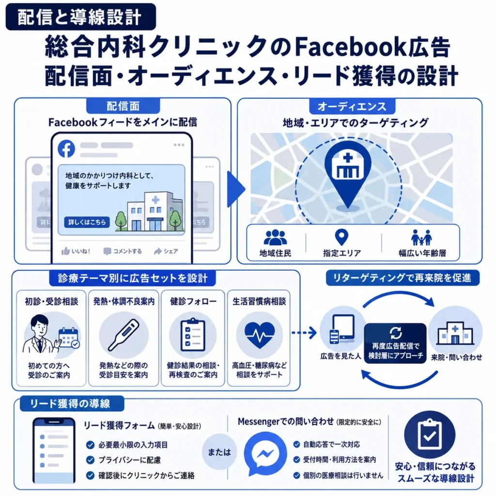 Facebook広告の配信面や地域オーディエンス、リード獲得導線の設計を示すイラスト