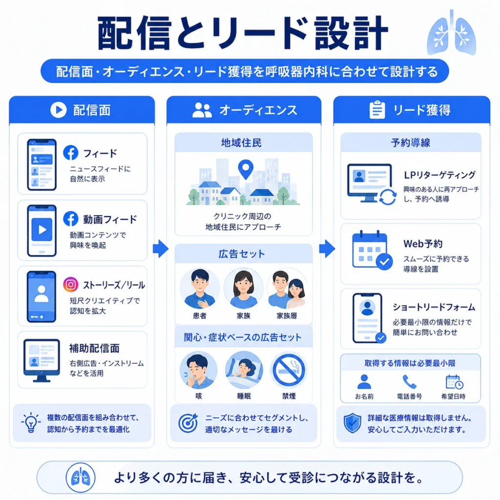 呼吸器内科向けに配信面、オーディエンス、リード獲得を設計するポイントをまとめたイラスト