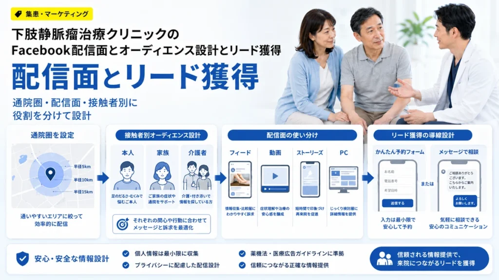 Facebook広告の配信面、オーディエンス設計、リード獲得導線を整理したイラスト