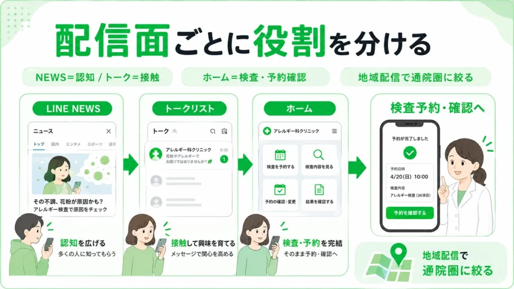 LINE NEWSやトークリストなど配信面ごとの役割から検査予約への導線を組み立てるイラスト