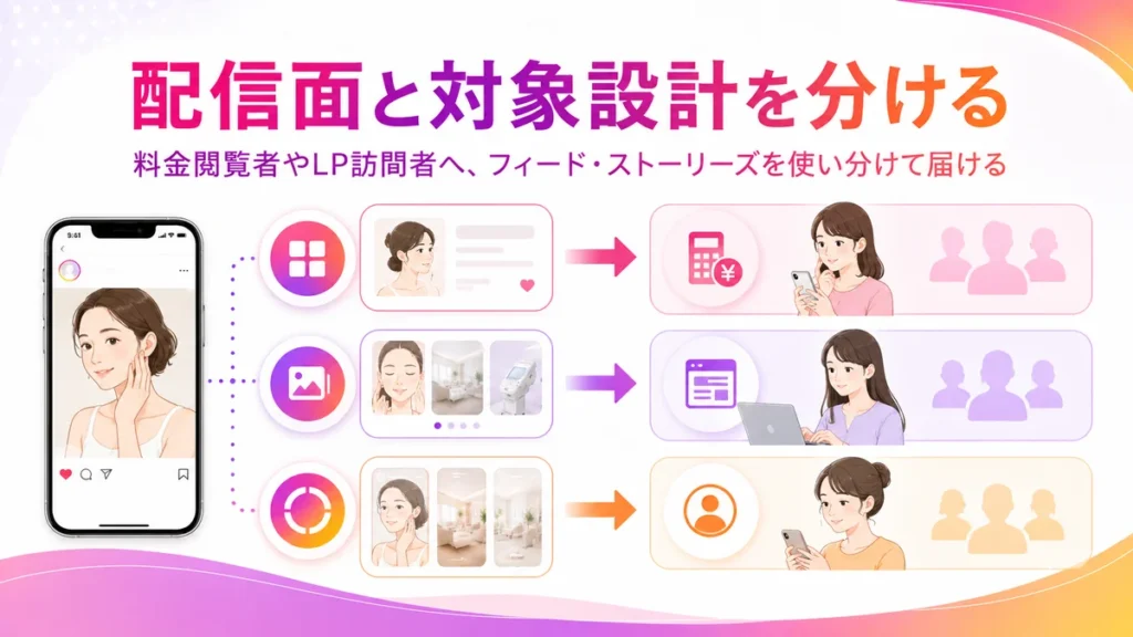 Instagram広告の配信面とオーディエンス設計を分けて考えるイラスト