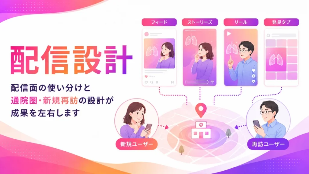 配信面と通院圏、新規再訪ユーザー設計を示すイラスト