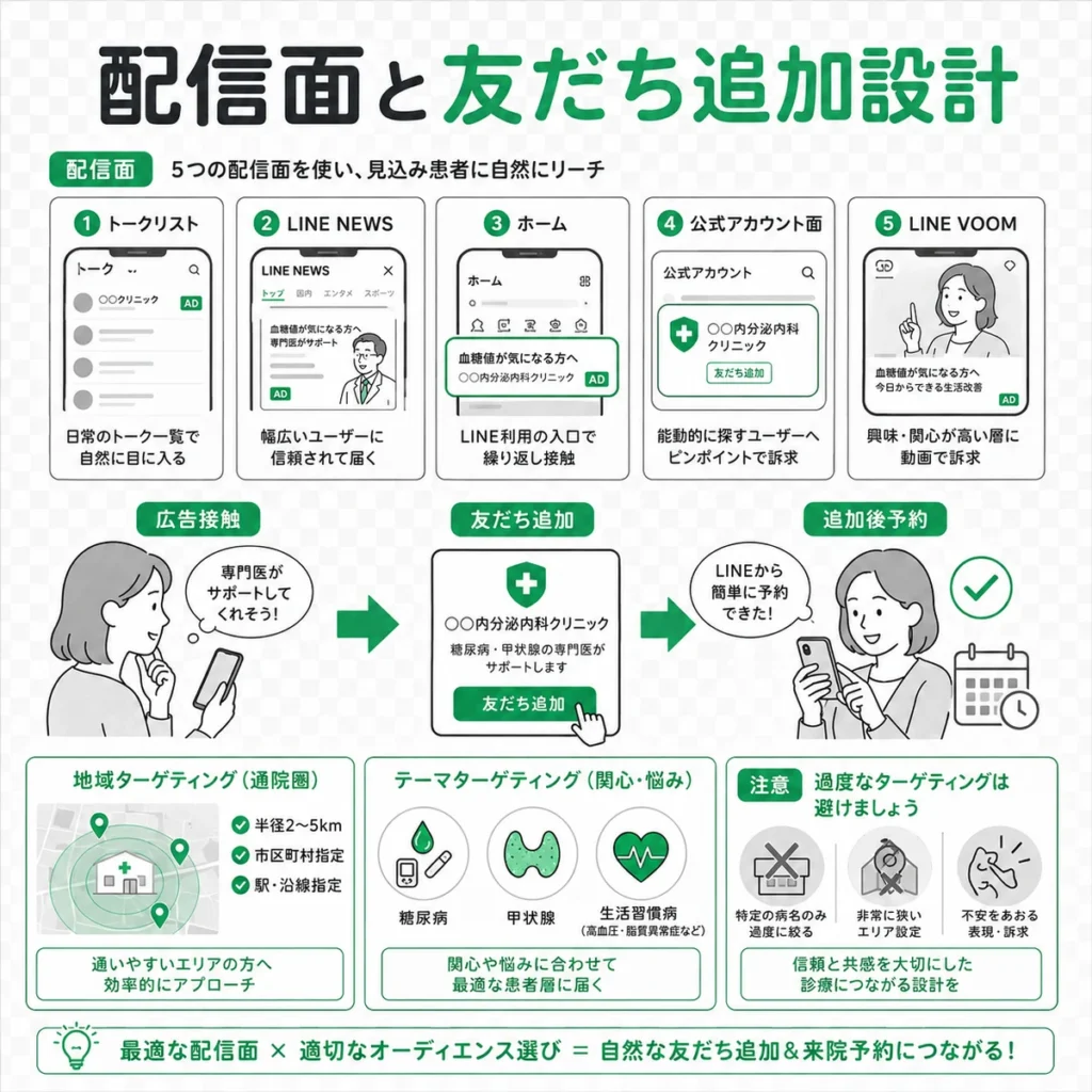 LINE広告の配信面と地域・診療テーマ別の友だち追加設計を示すイラスト
