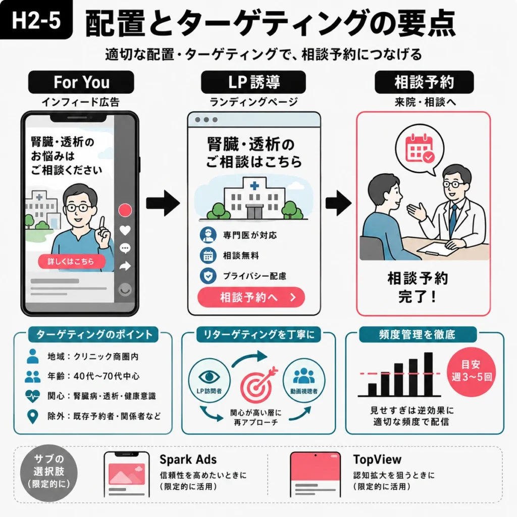TikTok広告の配信面とターゲティングから相談予約へつなげる流れを示す図解