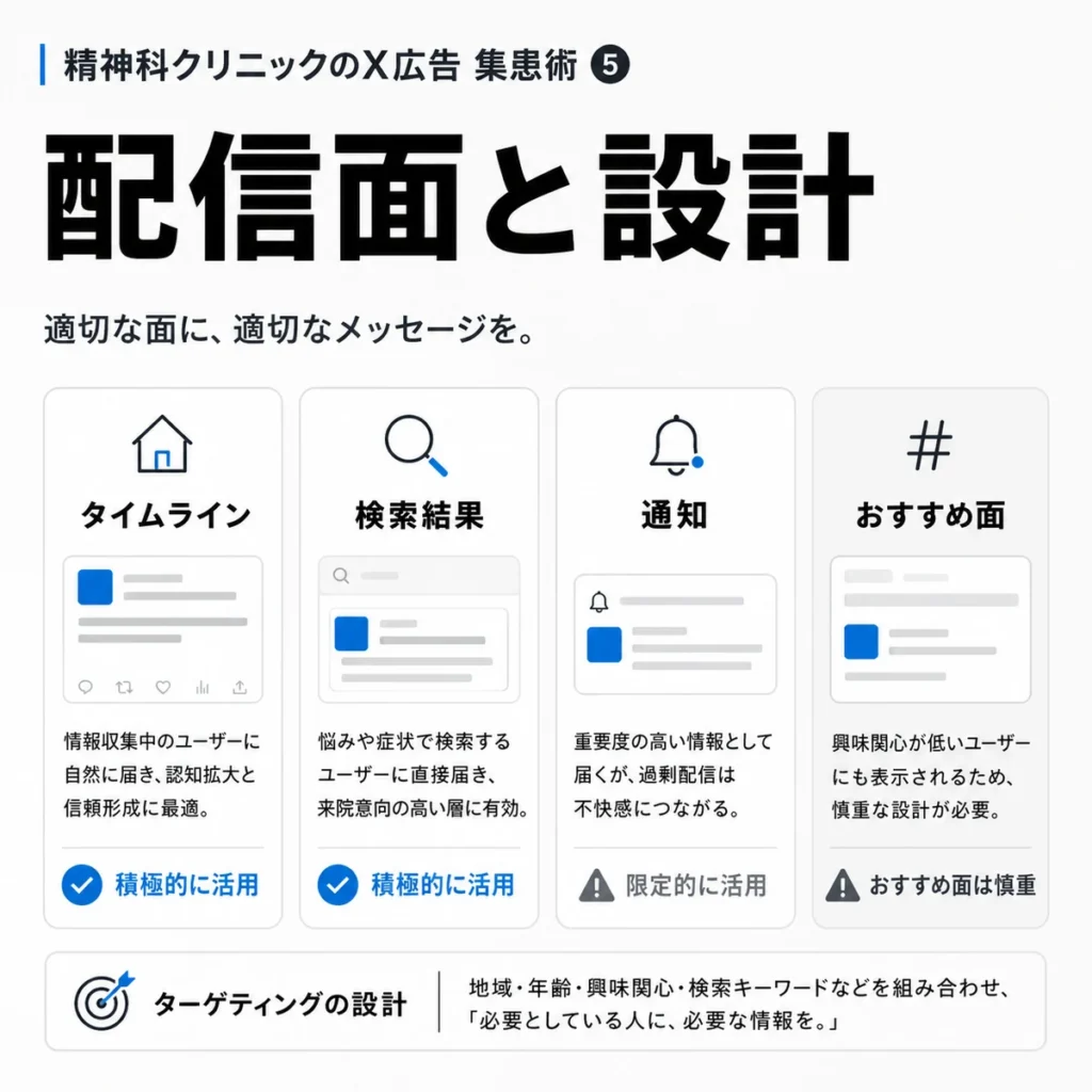 精神科クリニックのX広告に適した配信面とターゲティング設計を示すイラスト