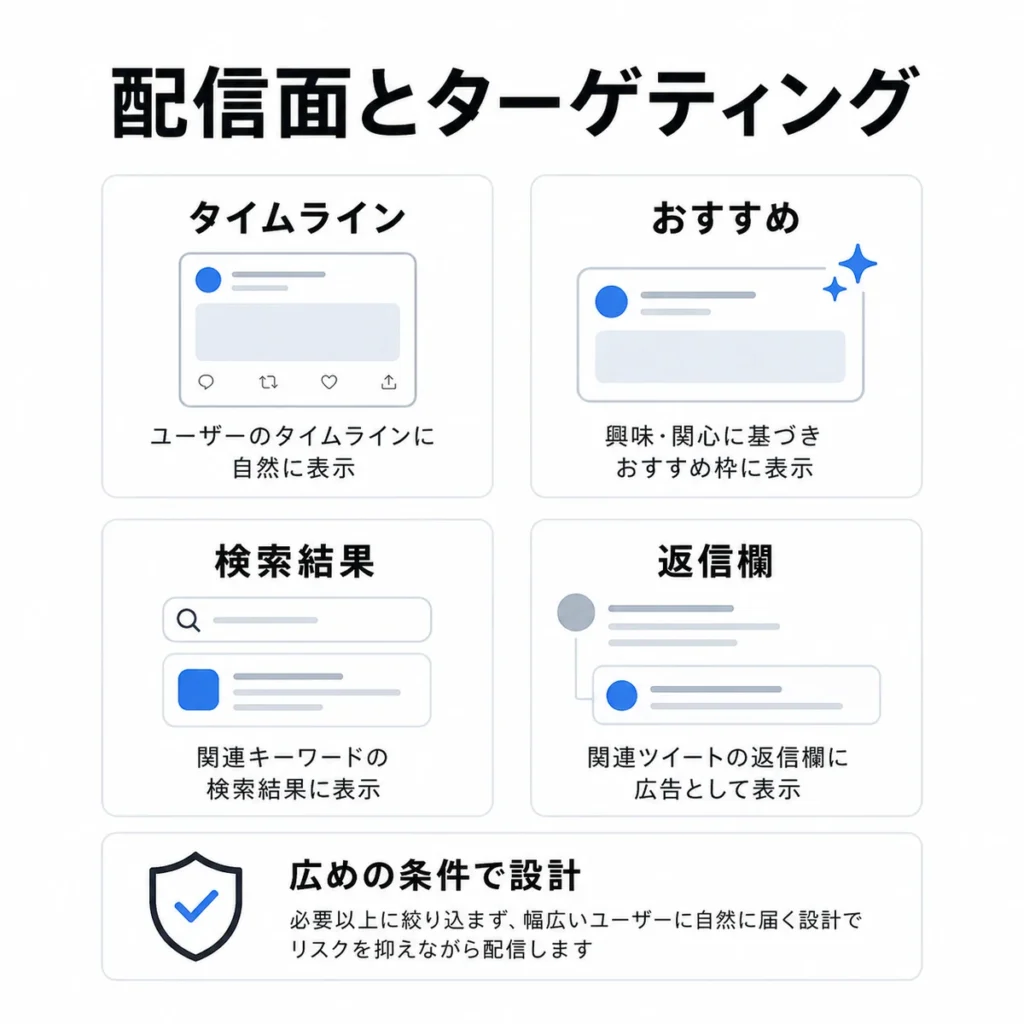タイムラインや検索結果などの配信面と広めのターゲティング設計を示すイラスト