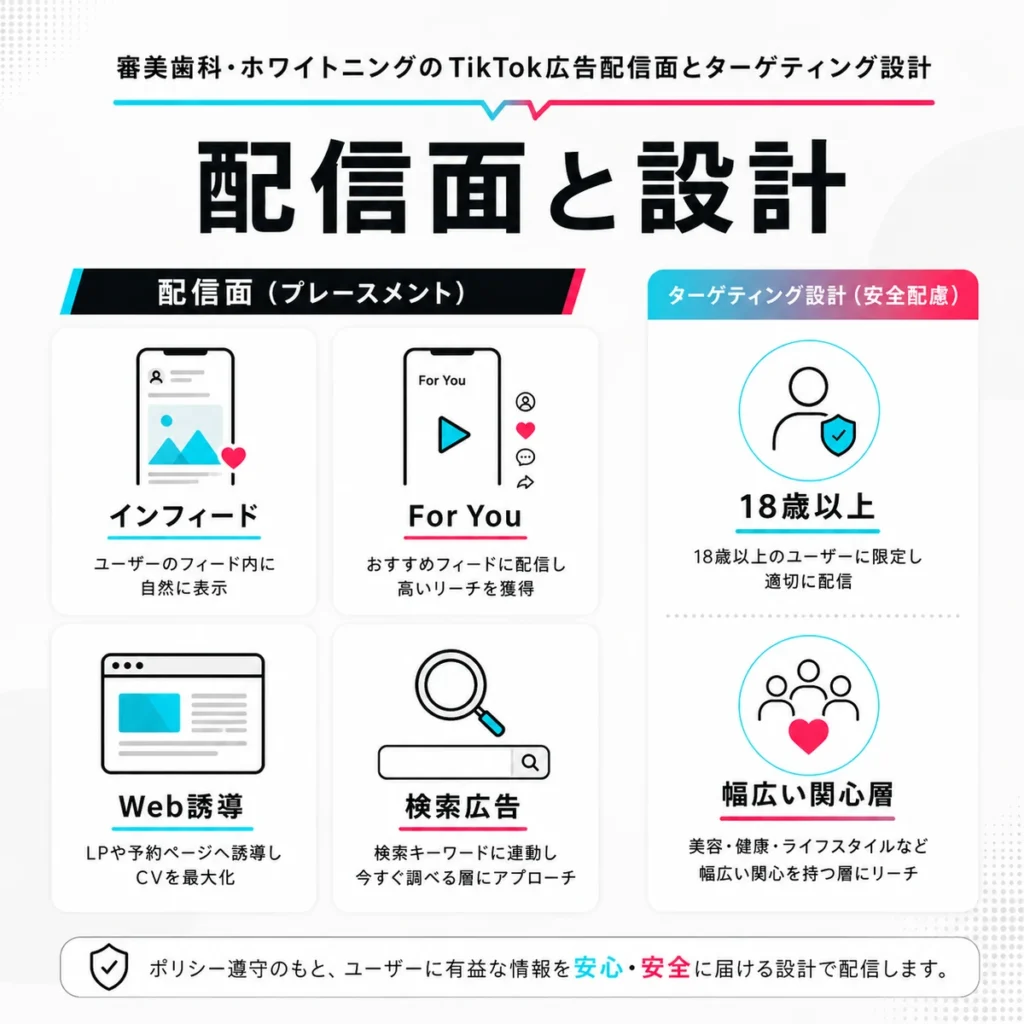TikTok広告の配信面と18歳以上への安全なターゲティング設計を示すイラスト