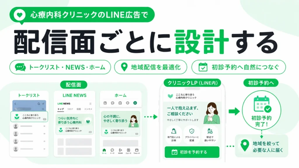 LINE広告の配信面や地域配信から初診予約へつなげる設計を示すイラスト