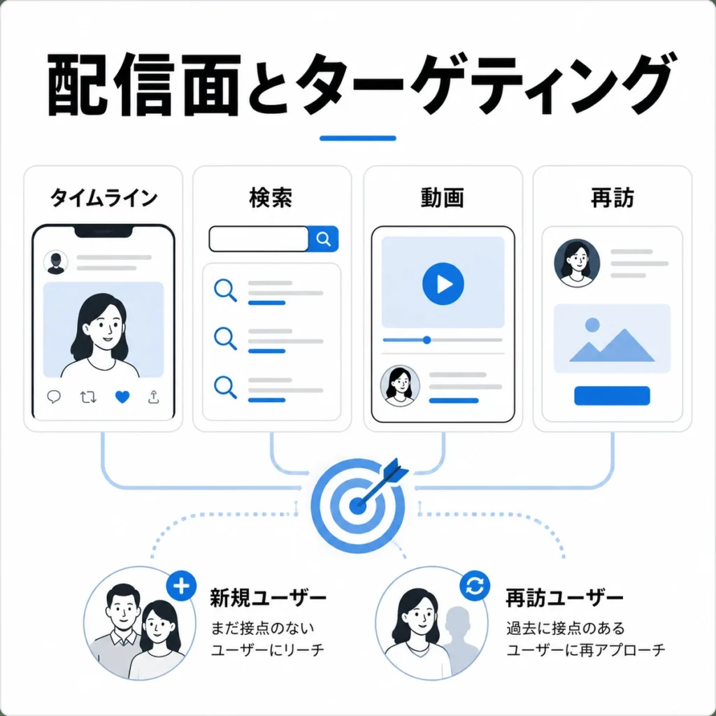 タイムラインや検索、動画、再訪ユーザーなどX広告の配信面とターゲティング設計を示すイラスト