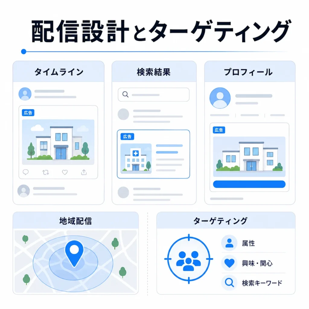 配信面や地域配信、ターゲティング設計を整理したイラスト