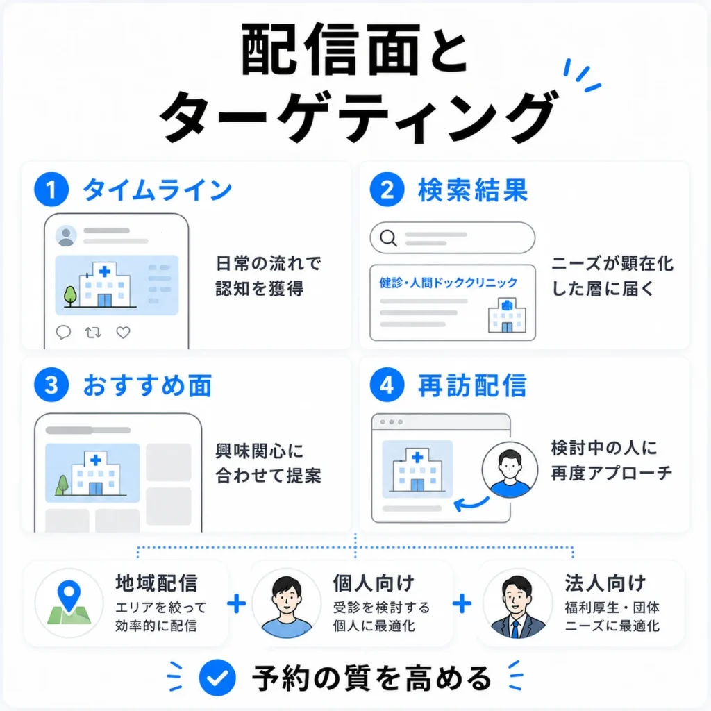 配信面やターゲティングを分けて健診予約の質を高める設計を示すイラスト