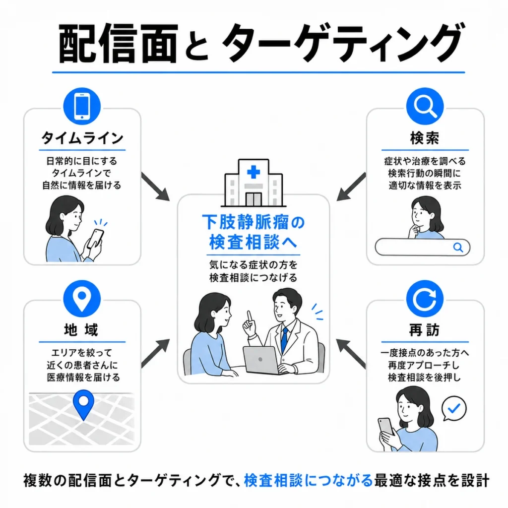タイムライン・検索・地域・再訪配信を活用して下肢静脈瘤の検査相談へ導く設計を示すイラスト