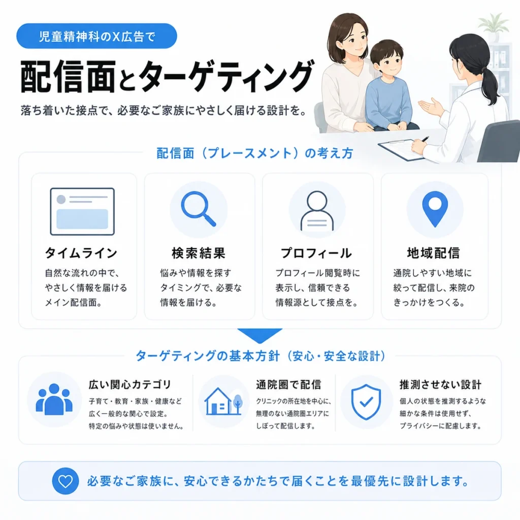 児童精神科のX広告における配信面とターゲティングの安全な組み立て方を示すイラスト