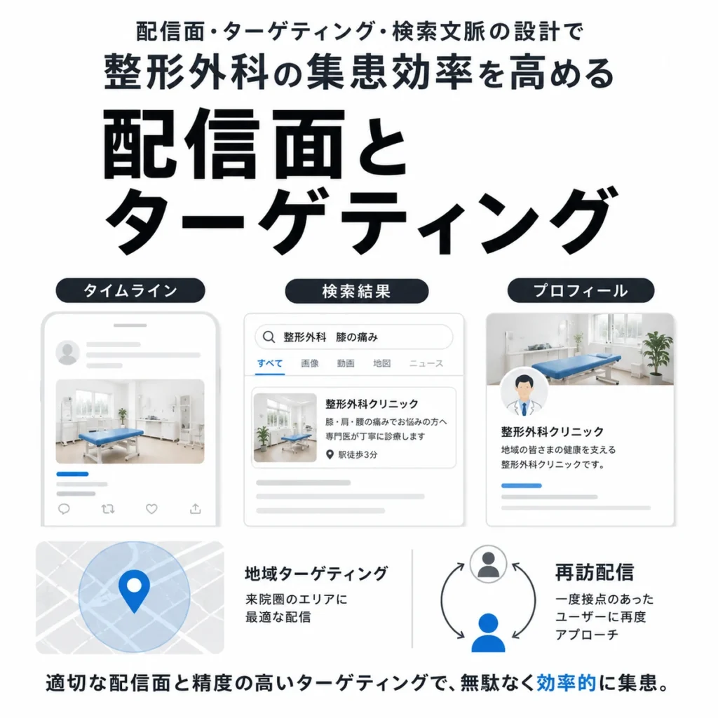 タイムライン、検索結果、プロフィール面と地域ターゲティングを整理するX広告設計のイラスト