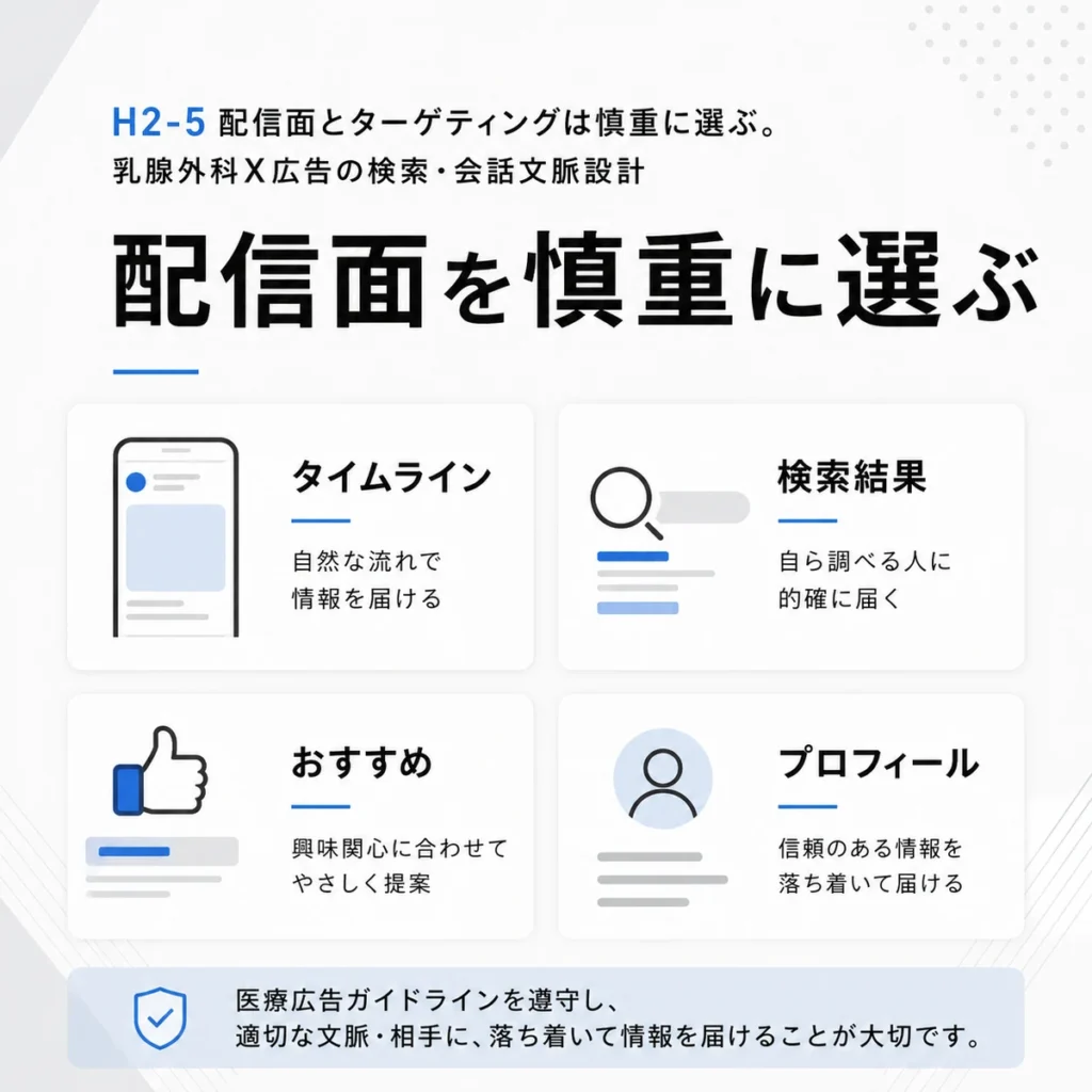 乳腺外科X広告でタイムラインや検索結果などの配信面を慎重に選ぶ考え方を示すイラスト