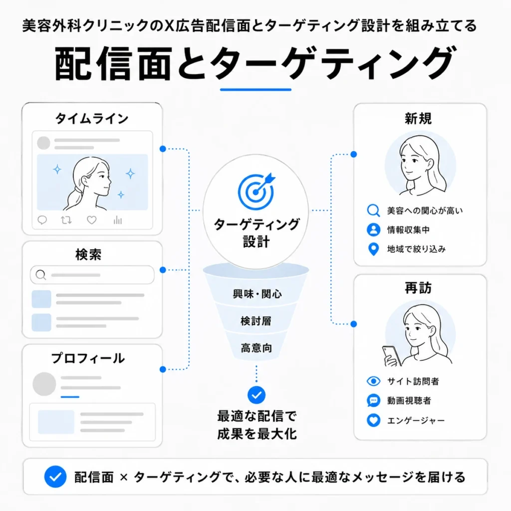 美容外科クリニックのX広告における配信面とターゲティング設計を示すイラスト