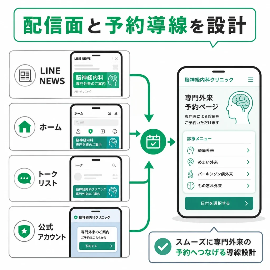 LINE NEWSやホーム、トークリストから専門外来予約へつなぐ配信面と予約導線のイラスト