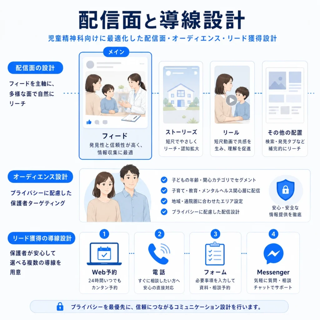 Facebook広告の配信面、保護者向けオーディエンス、予約導線の設計を整理したイラスト