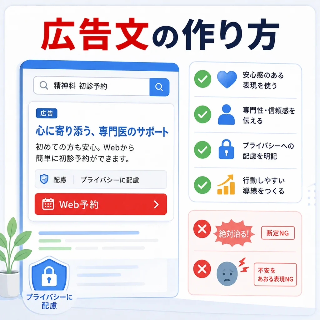 不安を煽らず初診予約やプライバシー配慮を伝える広告文作成を示すイラスト