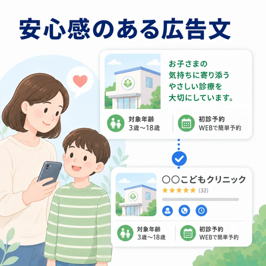 保護者に安心感を与える広告文とGBP表示の整合を示すイラスト