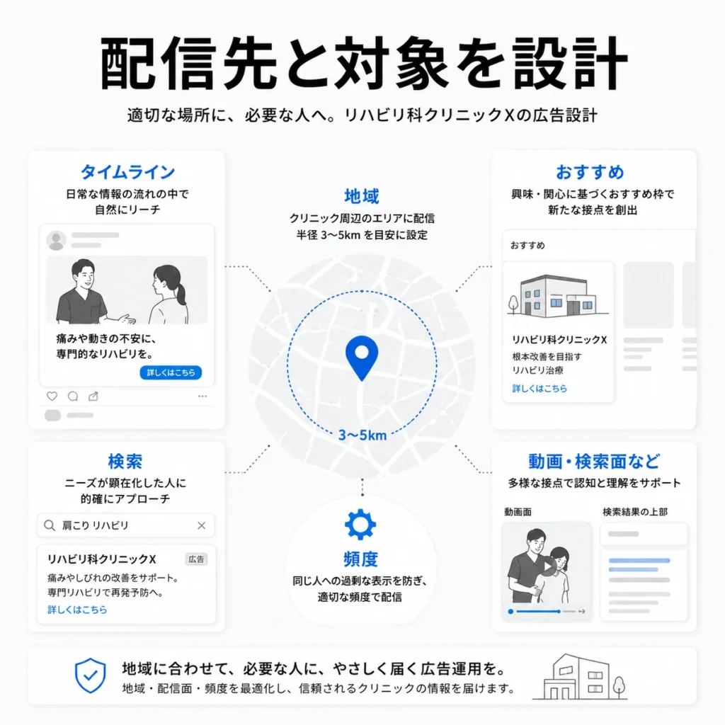 地域配信や配信面、頻度を考慮したリハビリテーション科X広告のターゲティング設計