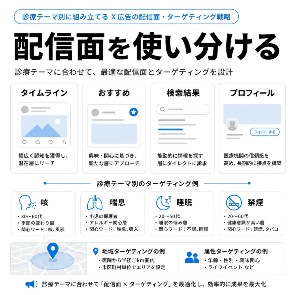 診療テーマ別にX広告の配信面とターゲティングを使い分ける戦略を示すイラスト