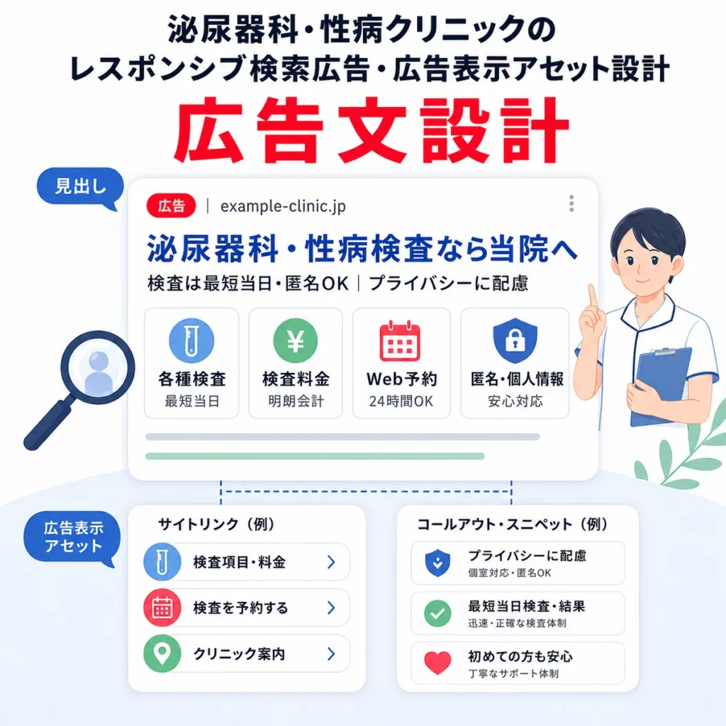 レスポンシブ検索広告の広告文と広告表示アセットで検査・費用・予約導線を伝えるイラスト
