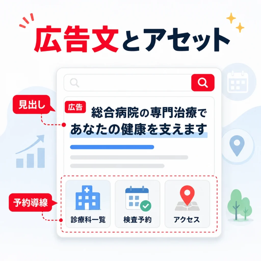 レスポンシブ検索広告の広告文と広告表示アセットで予約導線を作るイラスト