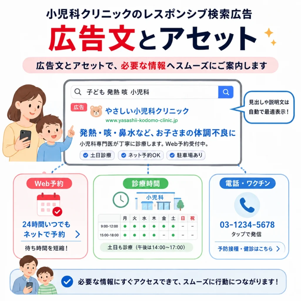 小児科のレスポンシブ検索広告とWeb予約や診療時間など広告表示アセットを示すイラスト