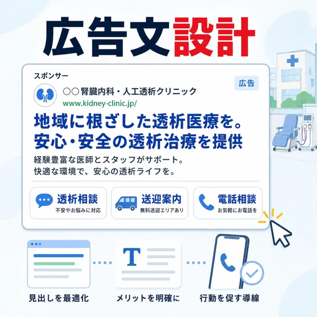 透析相談や送迎案内などを含むレスポンシブ検索広告と広告表示アセットの設計を示すイラスト