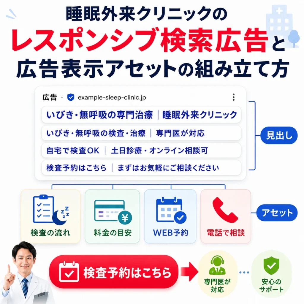 睡眠外来クリニックのレスポンシブ検索広告と広告表示アセットの組み立て方を示すイラスト