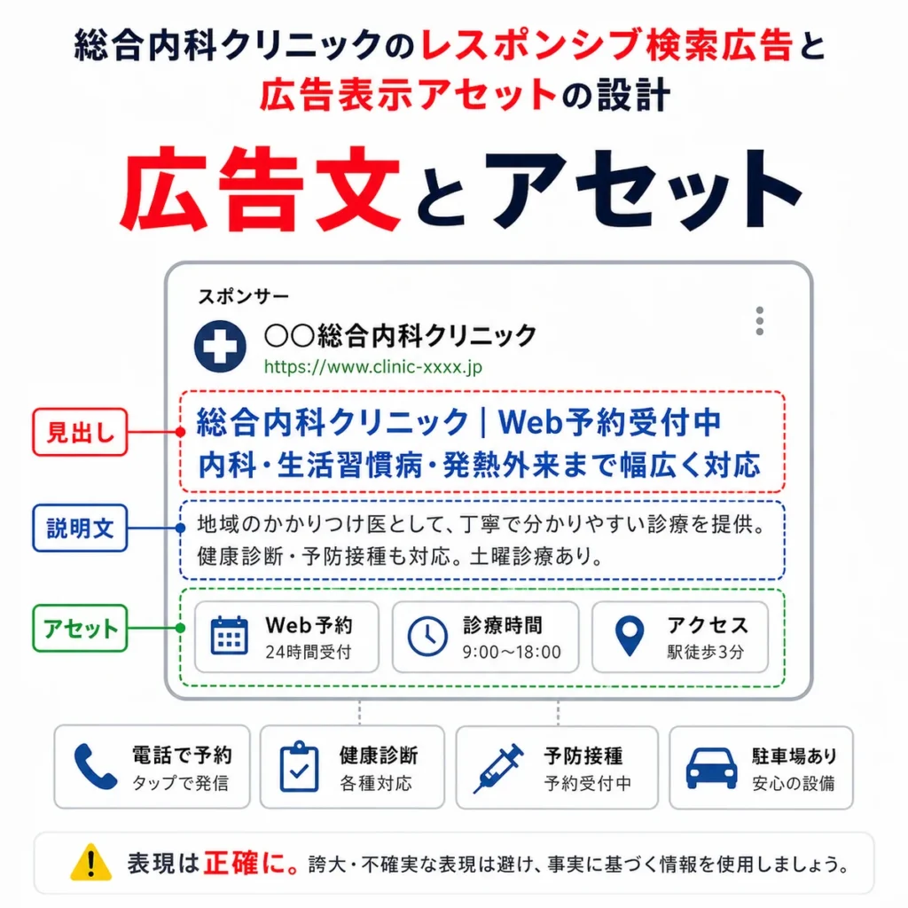 総合内科クリニックのレスポンシブ検索広告と広告表示アセットの構成を説明するイラスト