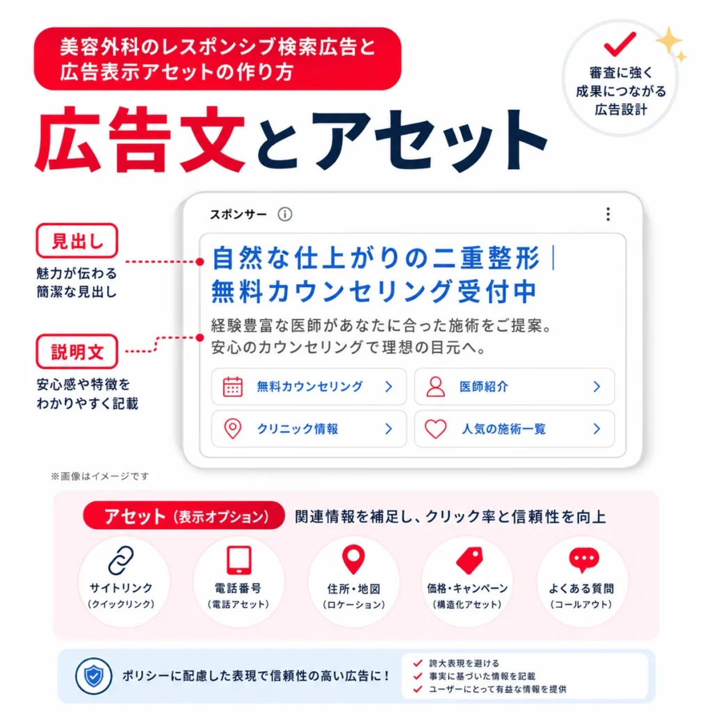 美容外科のレスポンシブ検索広告と広告表示アセットの作り方を説明するイラスト