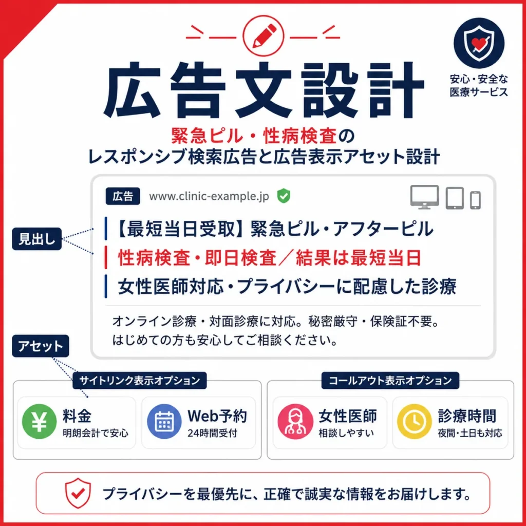 assets.webp
緊急ピルと性病検査のレスポンシブ検索広告で見出しや広告表示アセットを設計するイラスト