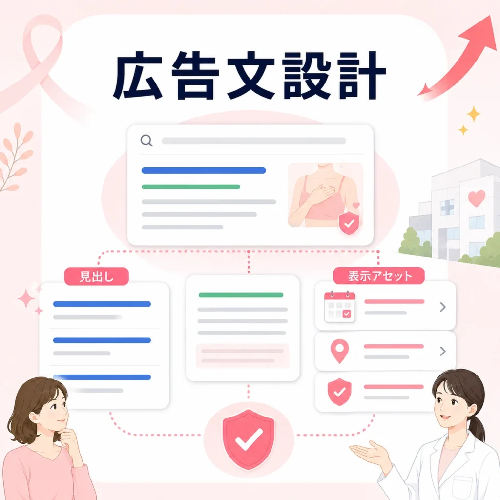 乳腺外科クリニックのレスポンシブ検索広告と広告表示アセットを設計する流れを示すイラスト