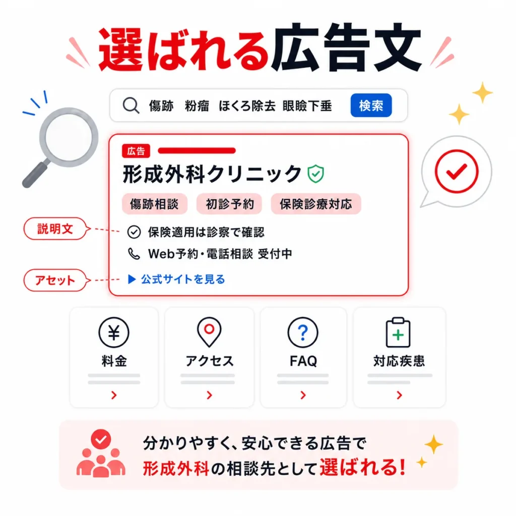 レスポンシブ検索広告と広告表示アセットで形成外科の相談先として選ばれる広告文を示すイラスト