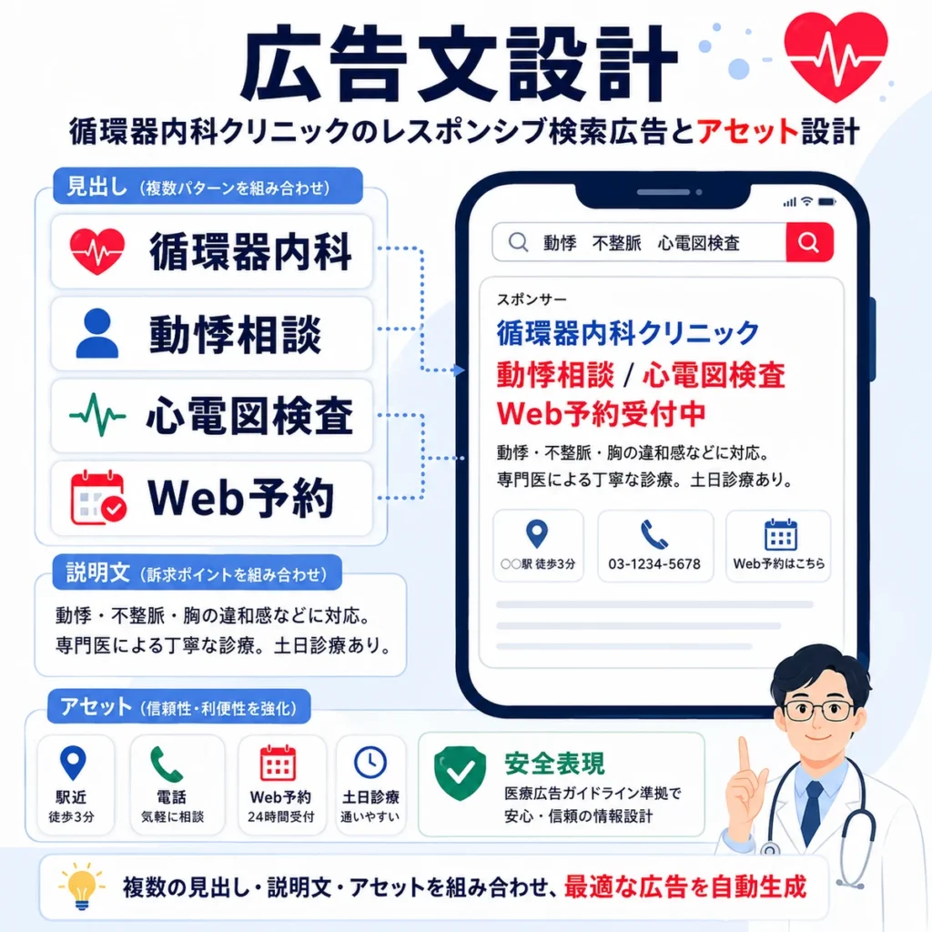 循環器内科クリニックのレスポンシブ検索広告で見出しや広告表示アセットを設計するイメージ