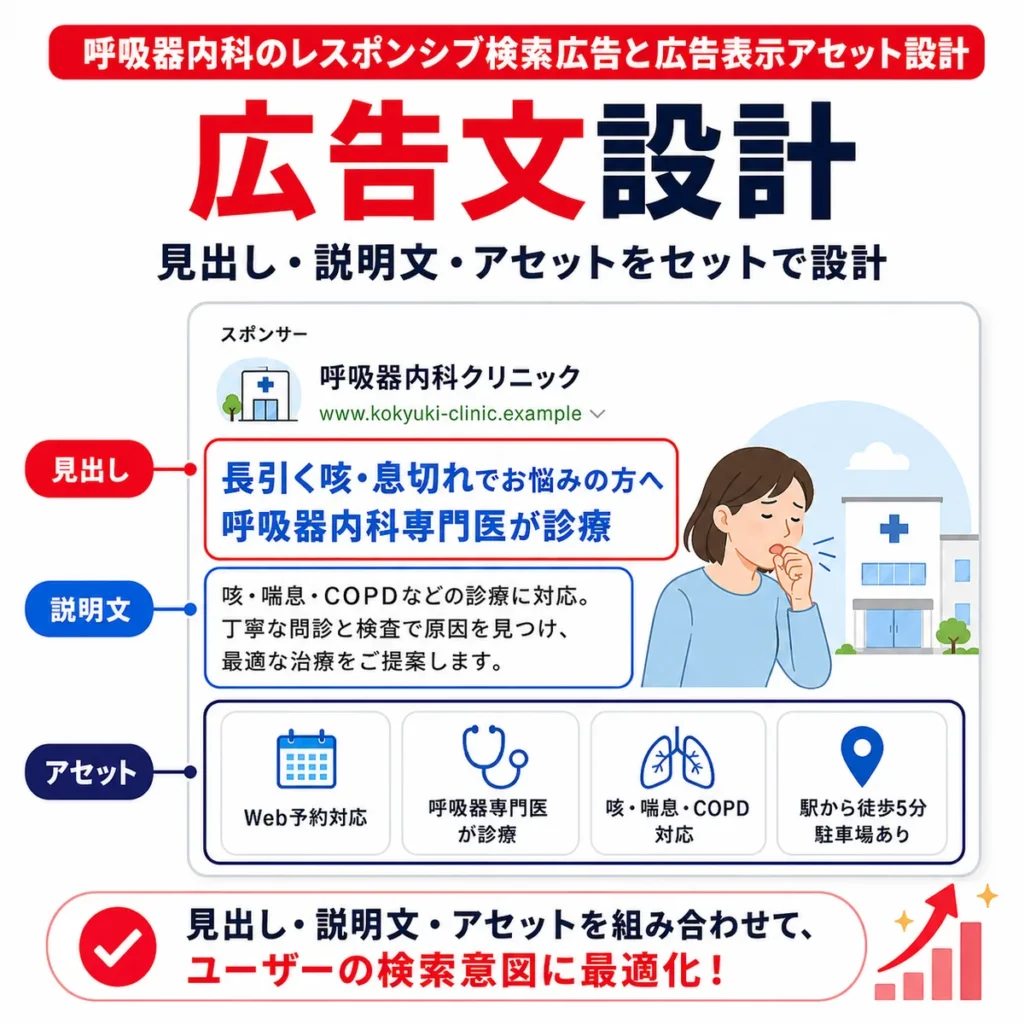 呼吸器内科のレスポンシブ検索広告で見出し・説明文・広告表示アセットを組み合わせる設計を示すイラスト