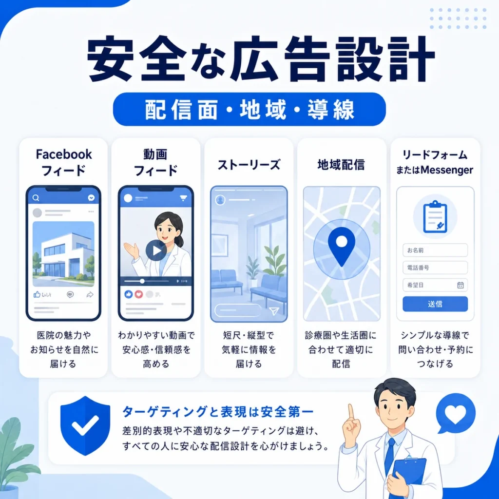 Facebook広告の配信面・地域配信・リードフォームを安全に設計するポイントを示すイラスト