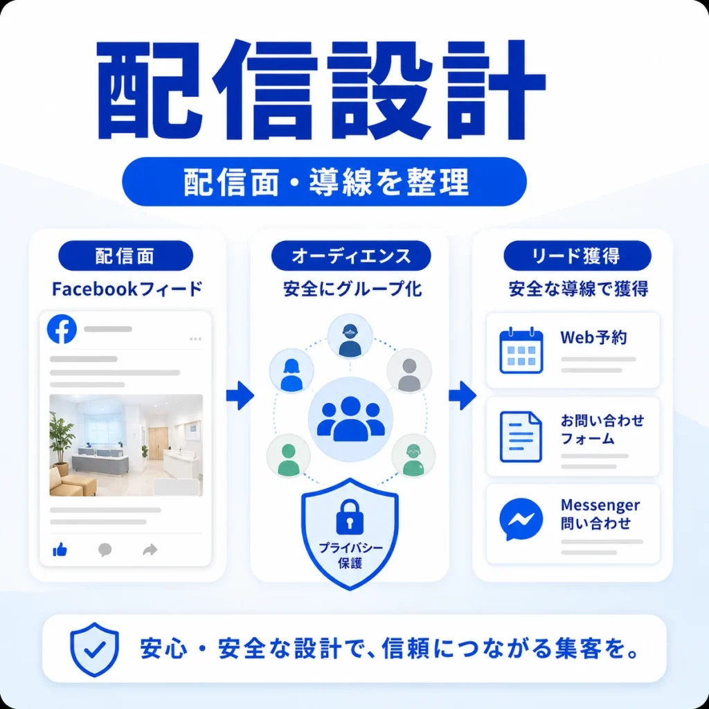 Facebook広告の配信面やオーディエンス、リード獲得導線を安全に整理する設計図のイラスト