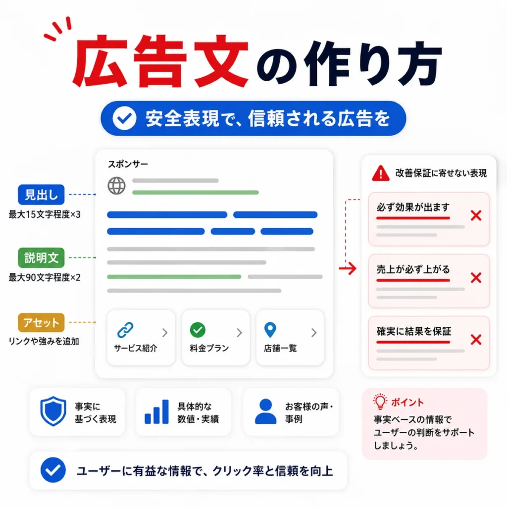 改善保証に寄せず安全な表現でレスポンシブ検索広告と広告表示アセットを作る方法を示すイラスト