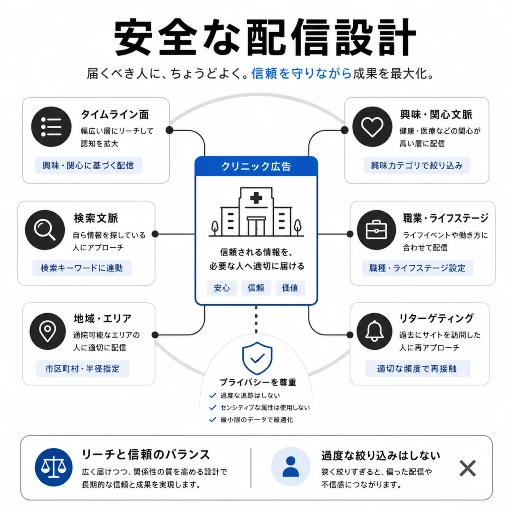 X広告の配信面やターゲティングを安全に設計する方法を示すイラスト