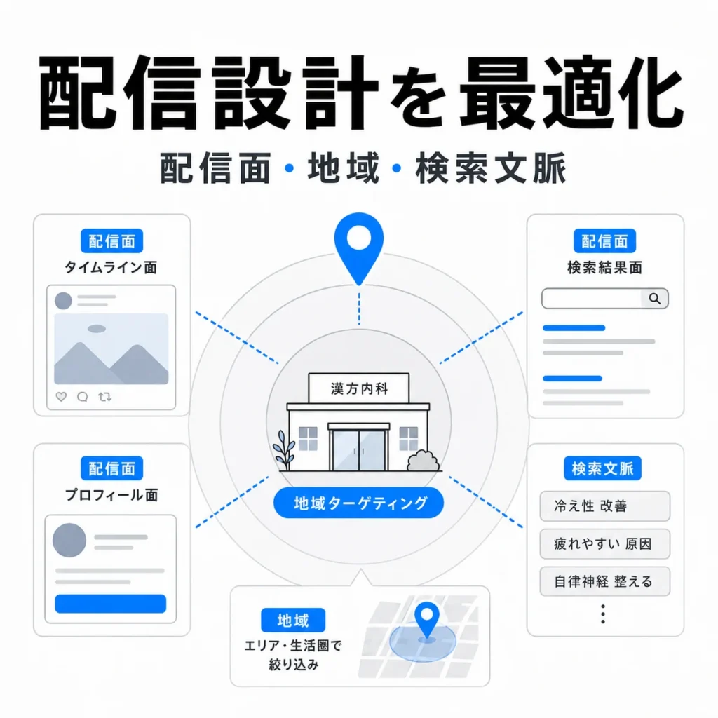 漢方内科に合った配信面、地域ターゲティング、検索文脈の組み立て方を示すイラスト
