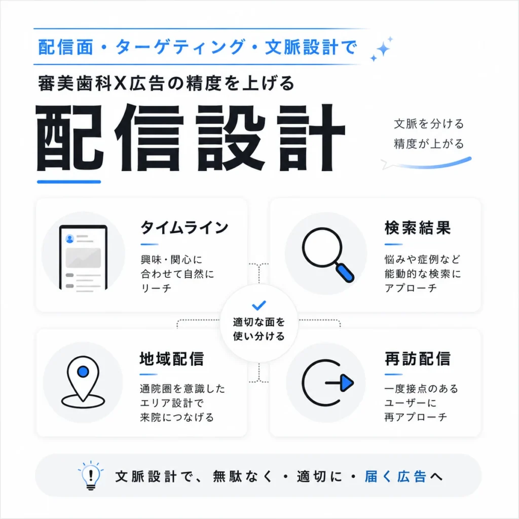 審美歯科X広告の配信面・ターゲティング・地域配信・再訪配信を文脈に合わせて設計する考え方を示すイラスト