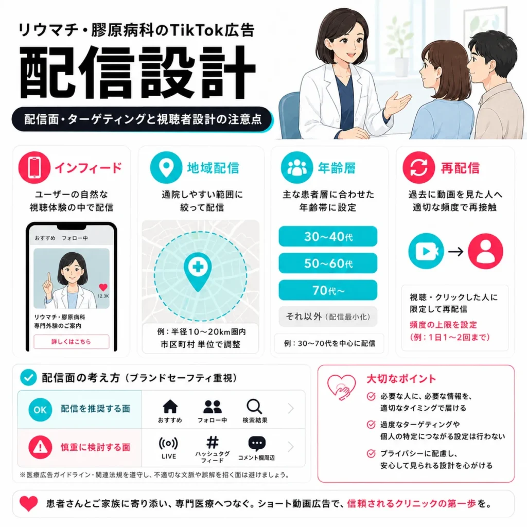 インフィード広告、地域配信、年齢層、再配信など配信設計の注意点を示すイラスト