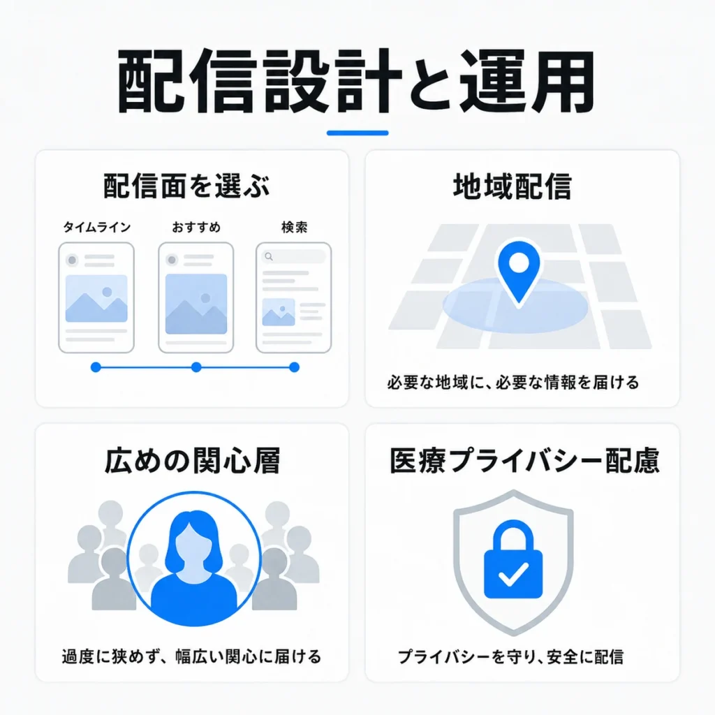 配信面の選択や地域配信、医療プライバシーに配慮したX広告運用戦略を示すイラスト