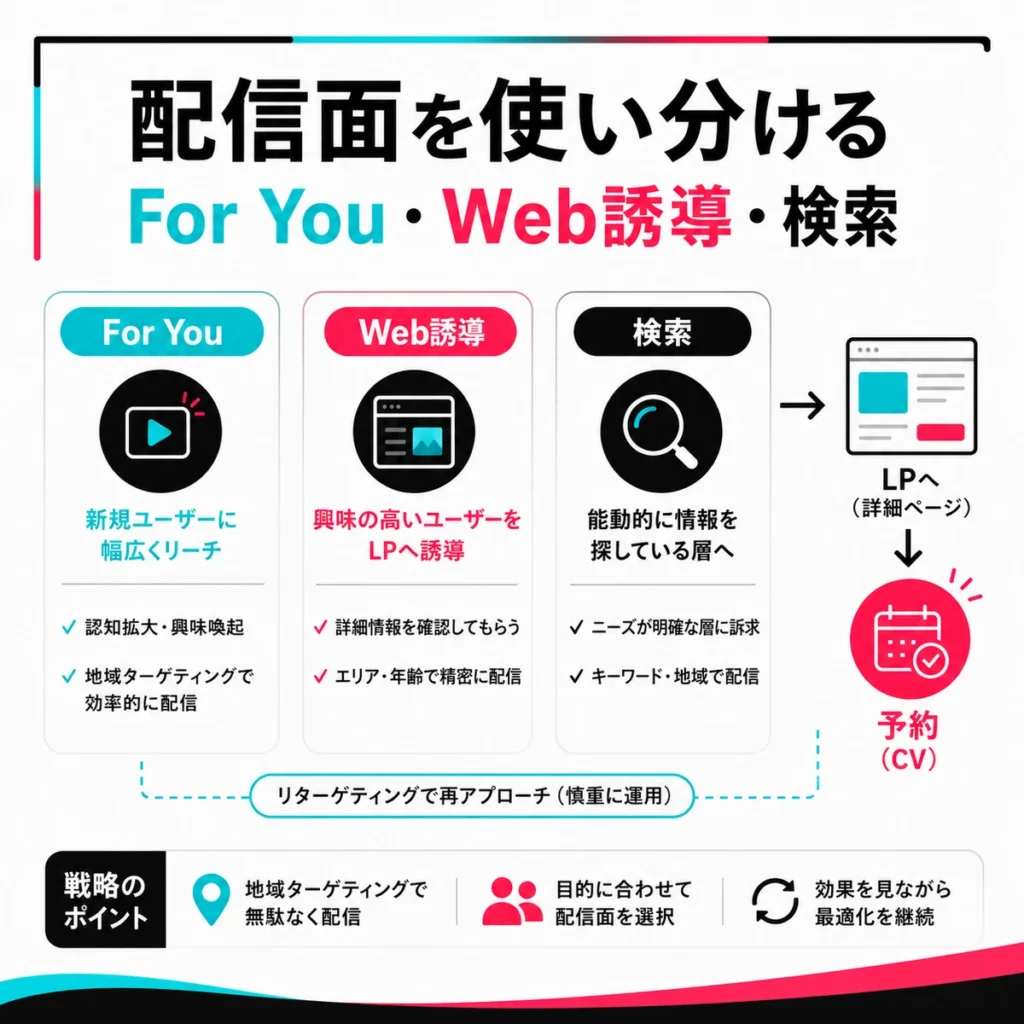 For YouフィードやWeb誘導や検索広告を使い分けて予約につなげる配信設計を示すイラスト