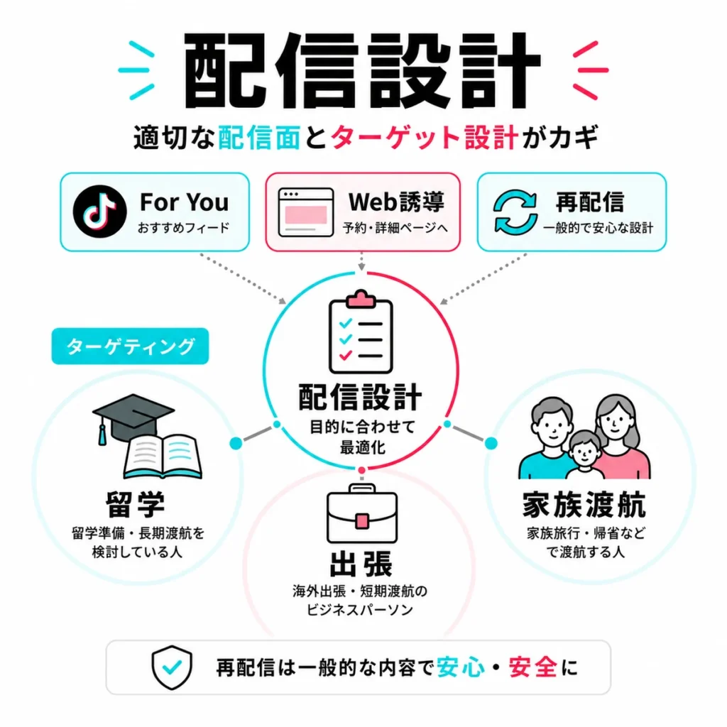 TikTok広告の配信面と留学・出張・家族渡航向けターゲティング設計を示すイラスト